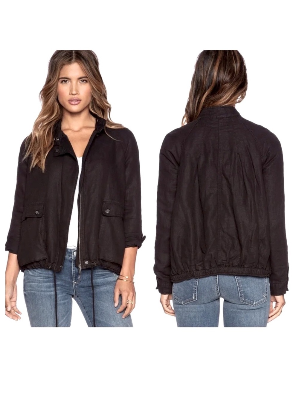 Free People Linen Blend Utility Bomber Cargo Jacket Zip-Front Size Medium